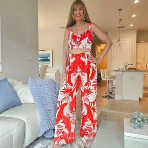 Boston Proper 2 Piece Red Leaf Print Pant and Top Set